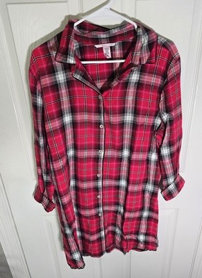 Victorias Secret Womens Red Pink Shimmer Long Sleeve Plaid Lace Trim Shirt Large