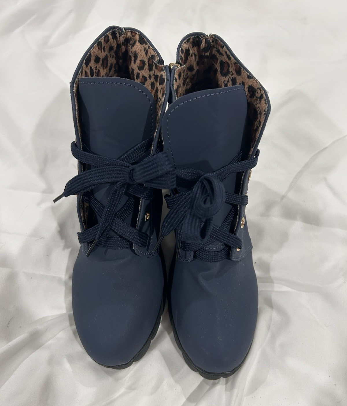 Women's Navy Blue Faux Suede Ankle Boots 8.5 Round Toe Lace-Up Side Zip