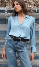 Camicia basic effetto raso Zara taglia L pesante classica lavoro elegante ufficio blu cielo