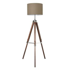 Litecraft Keegan Wooden Tripod Floor Lamp With Taupe Drum Shade - Dark Brown    