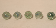 5 Vintage .80" Glass Marbles - Teal Light Blue Ribbon