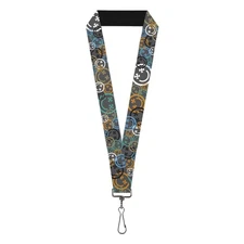 Buckle-Down Lanyard, Smiley Face Crossbones Stacked Gray Multi Color, Elastic
