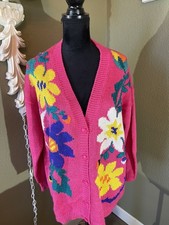 Jocelyn Smith Vtg 90s HOT PINK Floral Cottage Retro Cardigan Sweater Women  s L