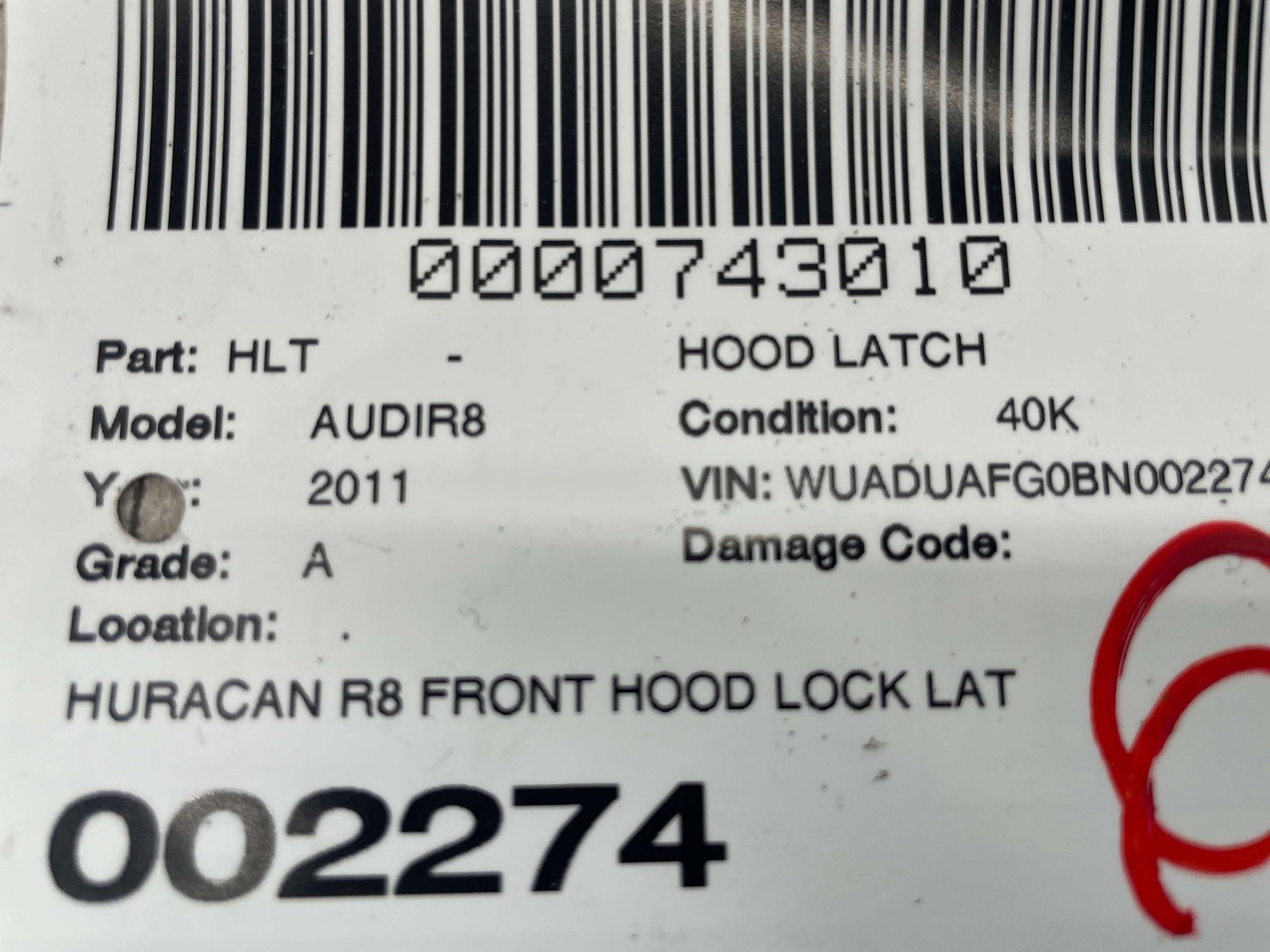 2008-2015 AUDI R8 TYPE 42 FRONT HOOD LOCK LATCH ACTUATOR W/ CABLE RELEASE LATCH