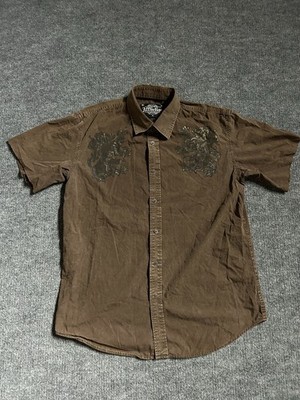 Y2K Affliction Button Up Shirt Brown Back Hit Lion Cut Off Short Sleeve XL