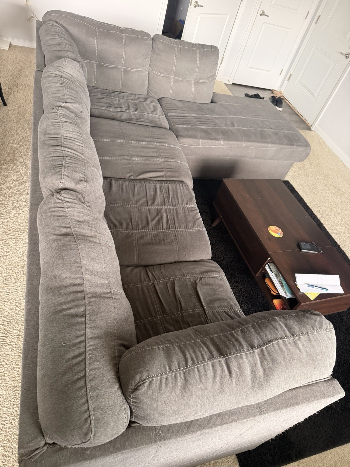 Gray Sectional Sofa Couch with Chaise, Solid, Wood Frame, 9.4 ft x 6.5 ft