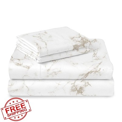 Pizuna Cotton Sheet Set Cal King Taupe Carrara Marble 400TC Deep Pocket