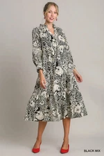Umgee Black Printed Long Sleeved Midi Dress w/ V Neck  & Piping