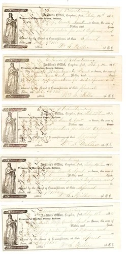 5 @ Indiana 1865 Civil War Volunteer Bounty loan repayment: printed notes