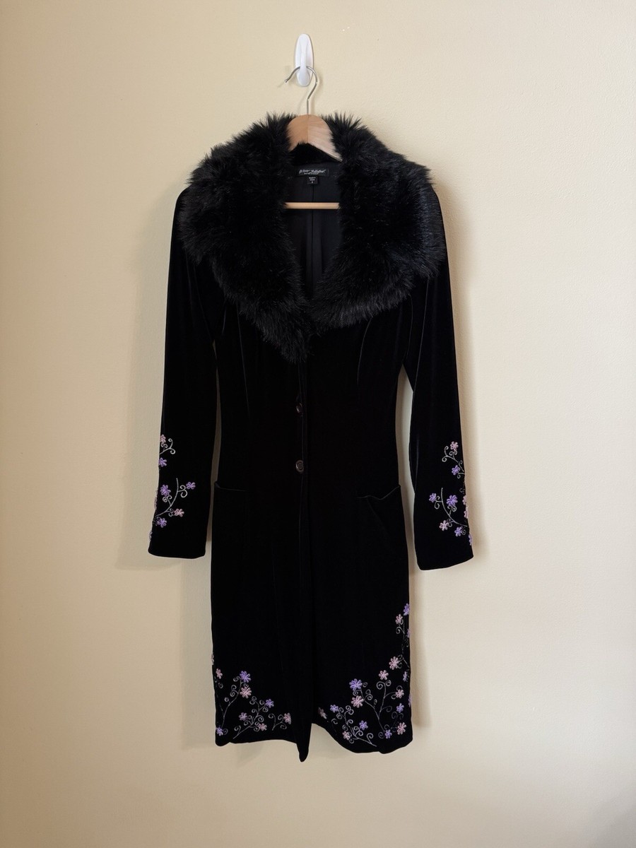 Betsey Johnson Floral Velvet Duster Coat Jacket Fur Trim Black
