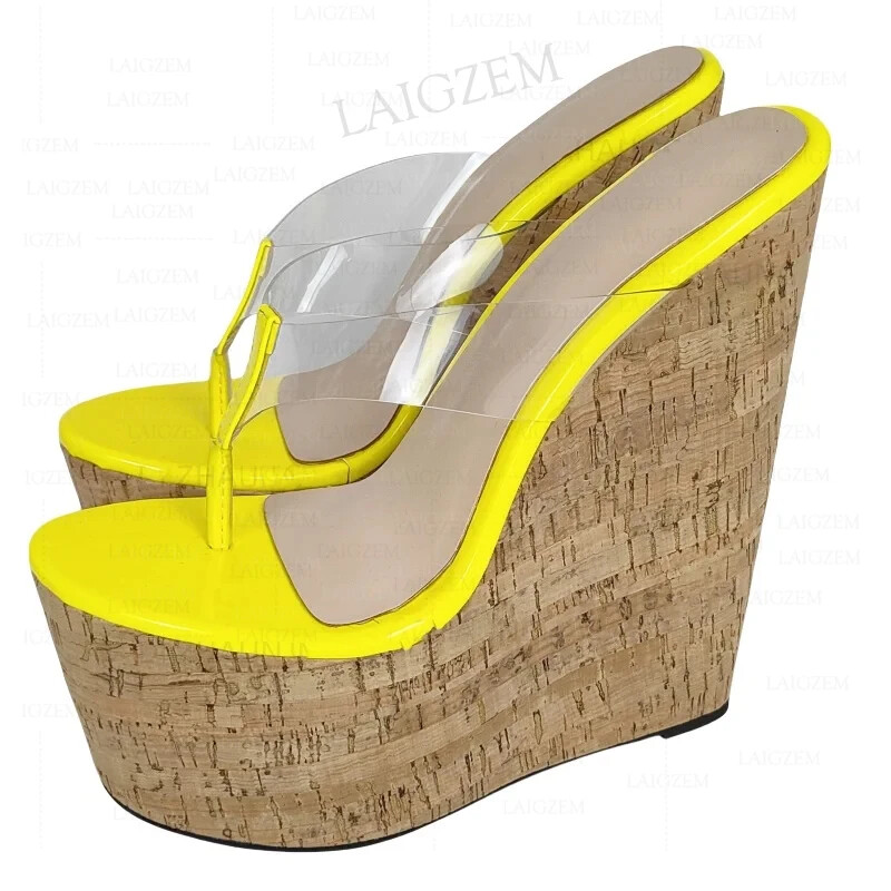 Women Clear PVC Platform Wedge Sandals 20CM Shiny Party Flip Flops-image