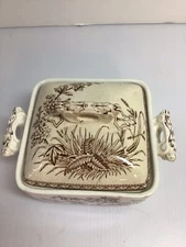 Vintage covered dish. Brown flower & fern design on dish,dish handles & lid