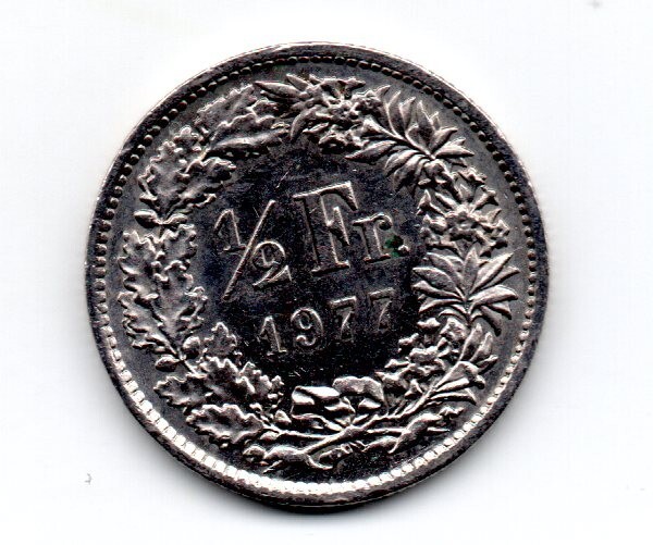 Switzerland 1977, Helvetia, standing, w/toga, 1/2F, holds a spear,