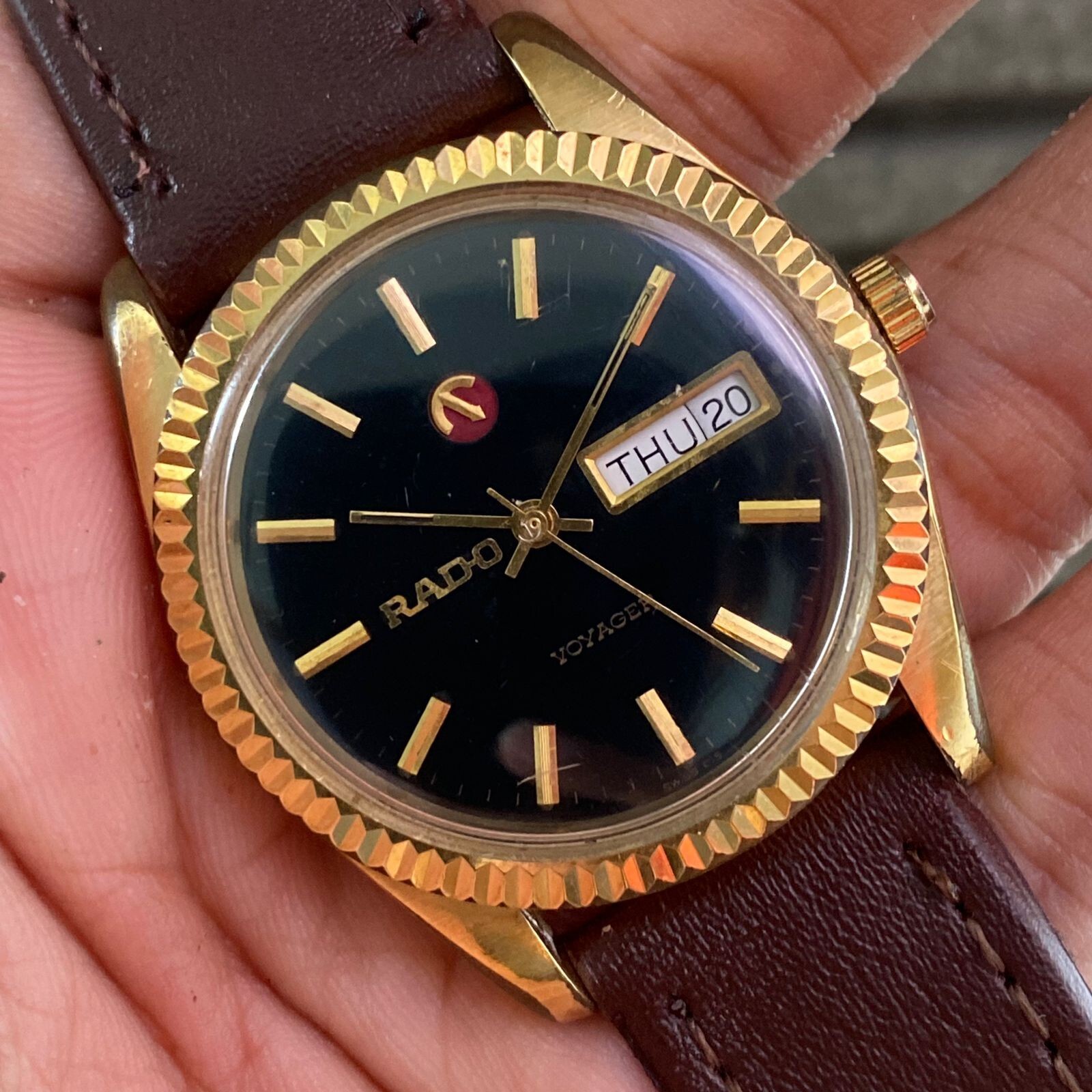 RARE Rado Voyager Day Date Black Dial Gold Automatic ETA Watch Vintage Swiss Men