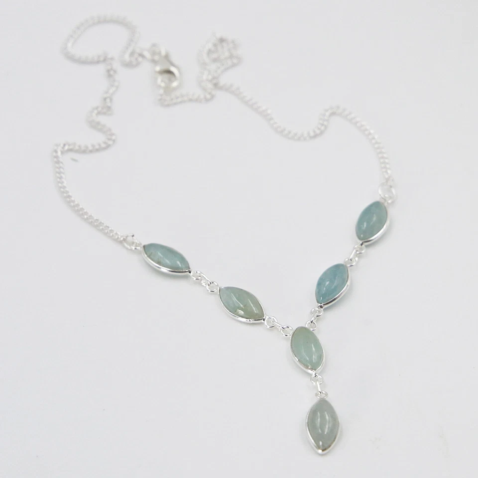 Acquamarina Argento Collana 925 Collier 40 CM Collana Pietre Preziose Cabochon - Immagine 3 di 3