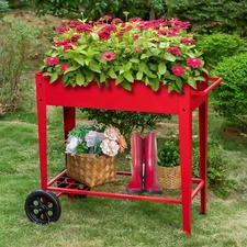 Outdoor Elevated Planter Storage Box Metal Raised Garden Bed with Rolling Wheels