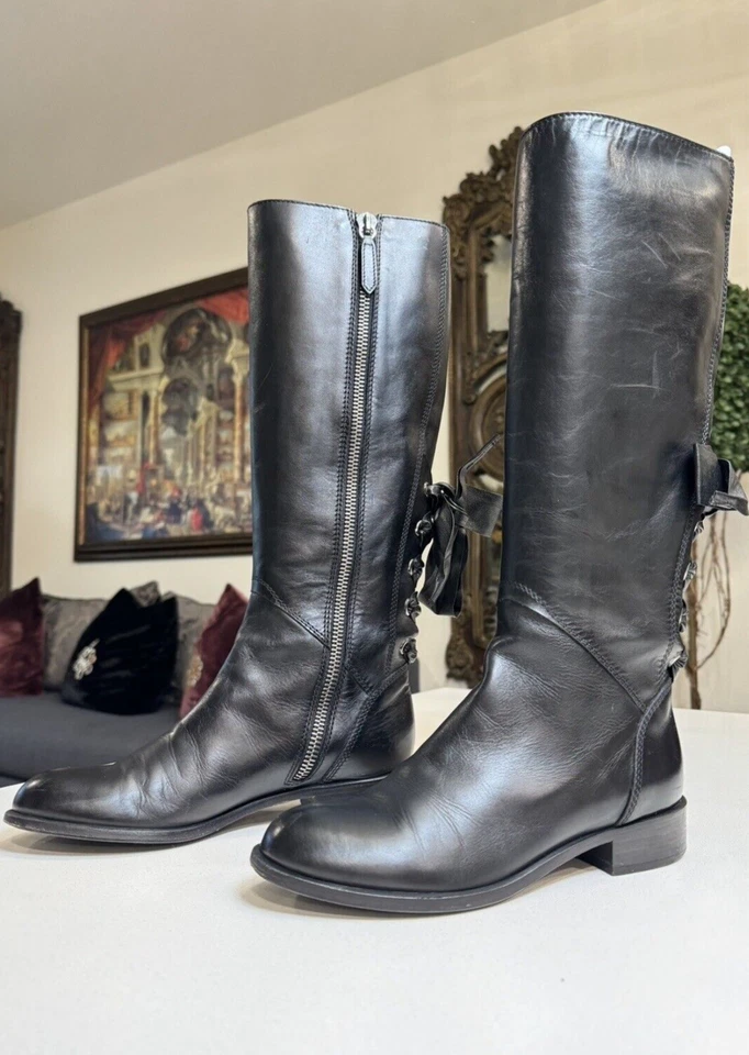 VALENTINO GARAVANI⚡️Corset Cordones Arco Espalda Medio Becerro Cuero Botas de Montar 37/7US Foto 2 de 4