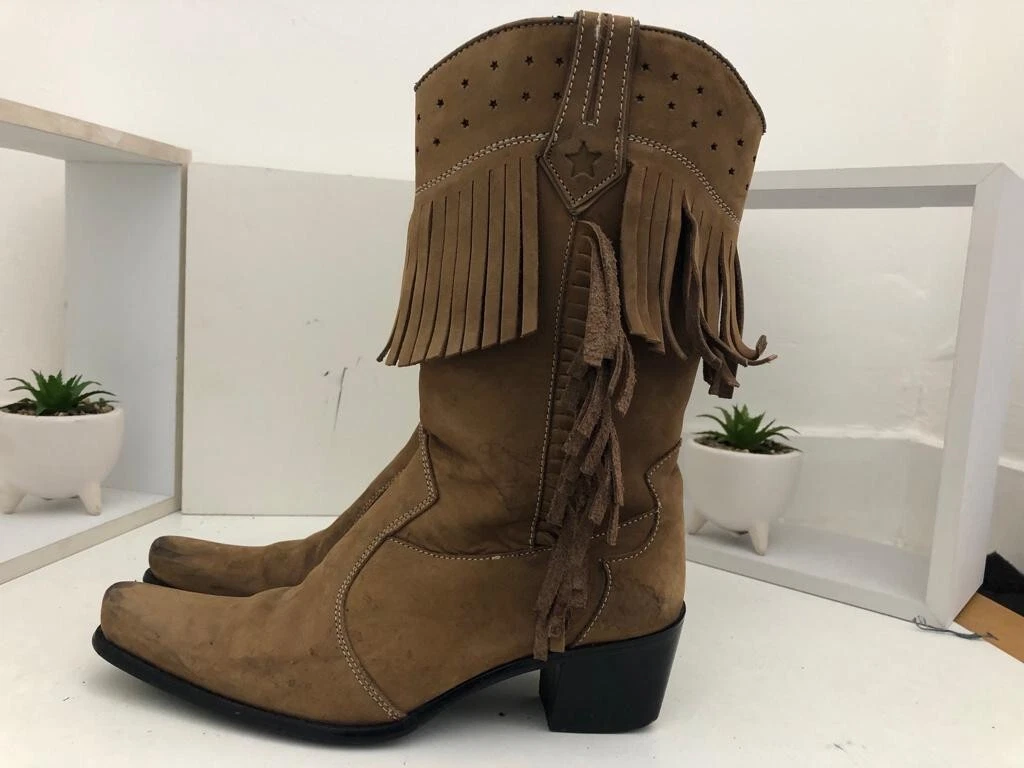 MIRABELL LADIES BROWN NUBUCK FRINGED TASSELLED MID CALF COWBOY