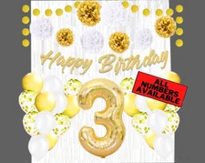 Gold & White 3rd Birthday Decorations - 40" Number Balloons & More - Boy or Girl