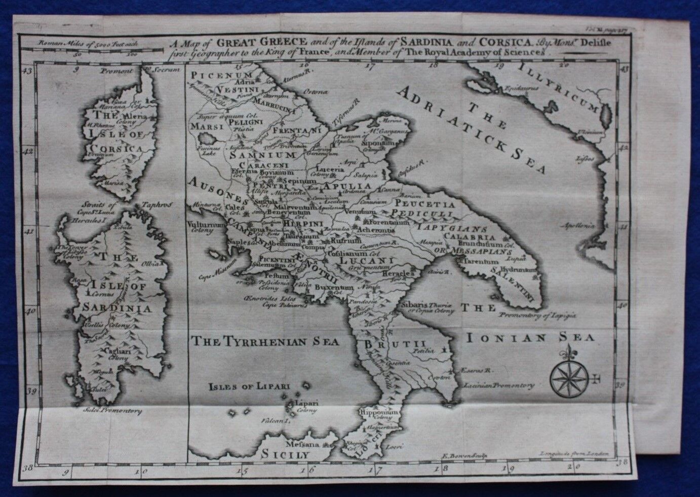 Original antique map SOUTHERN ITALY, SARDINIA, CORSICA, DeLisle, E. Bowen, 1747