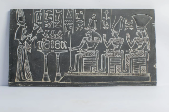 Ancient Egyptian Replica Wall Relief Featuring Isis, Khanum, Osiris, and Hatshepsut in Ceremony