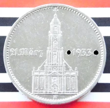 GERMAN 5 MARK REICHSMARK 1934 A Potsdam CHURCH SWASTIKA Date Silver Coin 3RD WW2