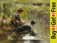 Boy and Dog by Pond, Impasto Oil Painting Print 5"x7" on Matte Paper