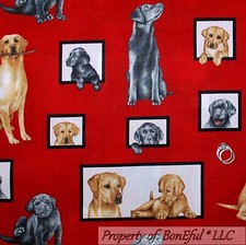 BonEful Fabric FQ Cotton Quilt Red B W Black White Dog Labrador Retriever Puppy