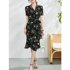 Summer Women's V-neck Waist Strap Printed Floral Mulberry Silk Mid Long Dresses