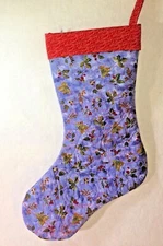 Small Handmade Quilted Christmas Stocking Blue Print Fabric Red Cuff & Loop 14" 
