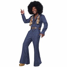 70s Denim Jumpsuit Blue 1970s 60s Disco Hippie Retro Party Adult Mens Costume