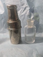 ANTIQUE 20s German Metal Case Spring Lid FLASK Apothecary Glass Bottle & Stopper