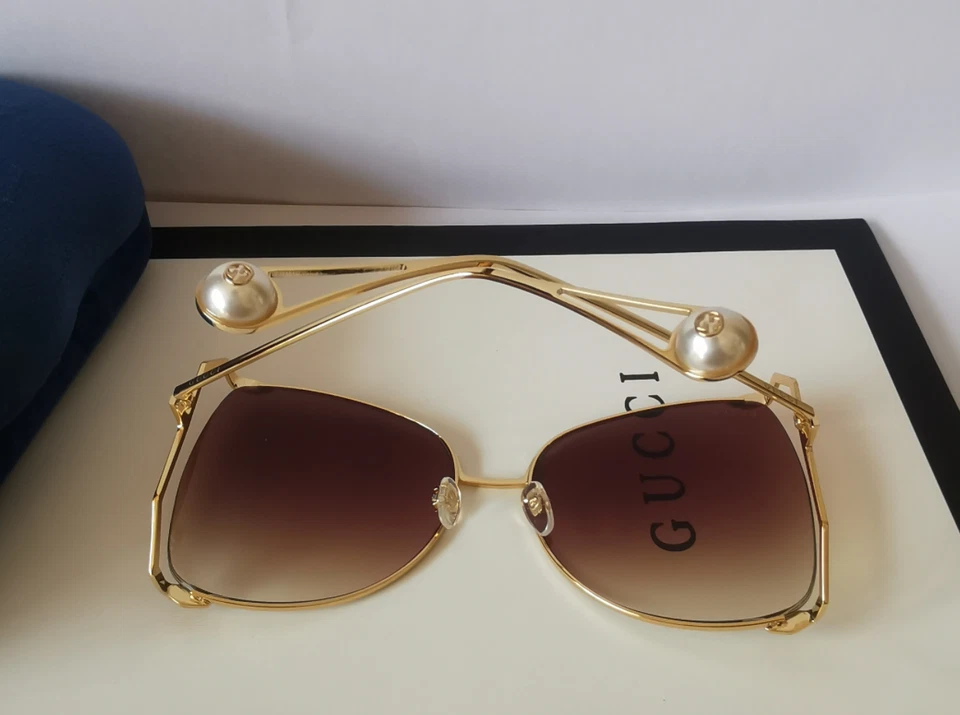 Óculos de sol Gucci GG0252S 63mm quadrado tamanho grande autêntico dourado com lente marrom - Imagem 4 de 4
