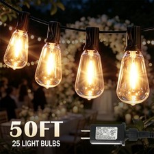 50FT W/ 25 Bulbs Outdoor String Lights for Patio IP55 Connectable ST38 LED Light