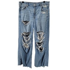 American Eagle Baggy Wide Leg Jeans Womens 14 Blue Super High Rise Distressed