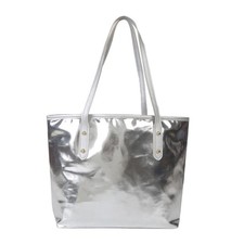 Large Capacity Silver Tote Bags PU Leather Handbags Simple Shopping Bag
