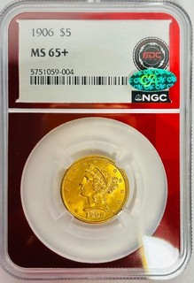 1906 US Half Eagle Indian Head Early Gold Coin $5 Dollar MS 65 CAC and NCG