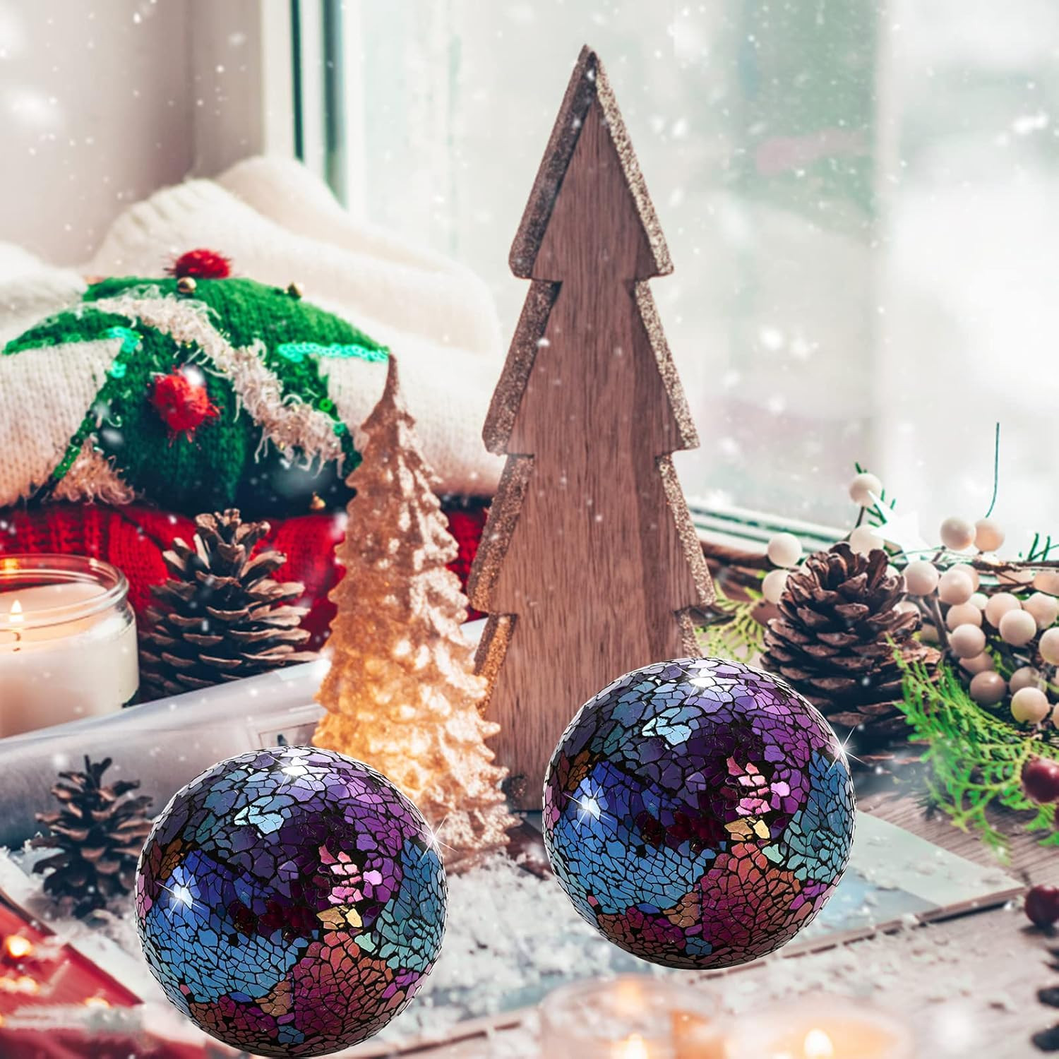 3 Pack Decorative Glass Balls, 4 Inch Colorful Glass Mosaic Orbs Sphere