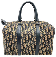 Auth Christian Dior Trotter Beige/Black Canvas Leather Boston Bag NS040705