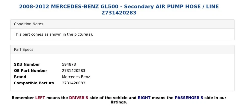 Mercedes-Benz GL500 2008-2012 - Manguera/línea de bomba de aire secundaria 2731420283 Foto 4 de 4