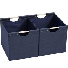 Large Foldable Storage Bins, Linen Fabric, Pack of 2, Storage Baskets with Wo...