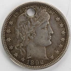 Holed AU 1892 Barber Quarter