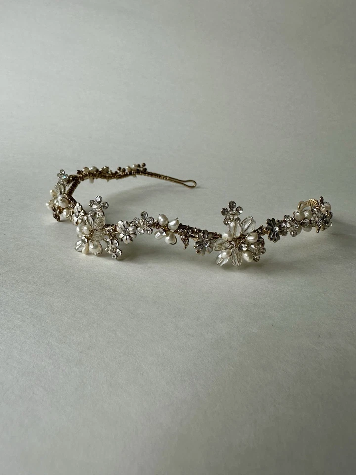 Gold Wedding Tiara Made with Swarovski Crystal Freshwater Pearls Couture Halo - Image 2 of 4