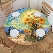 Sunflower Starry Sky Painted Round Tablecloth with Elastic Edge Table Cover W...