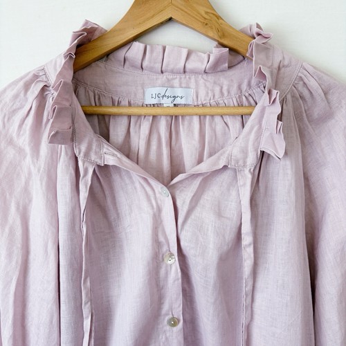 LJC Designs Shirt Blouse Size XL Lilac Pink Purple Linen Button Long Sleeve Ties - Picture 2 of 10