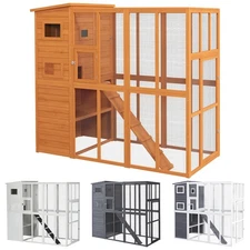 PawHut Wooden Outdoor Catio with Platforms, Asphalt Roof, Ramps