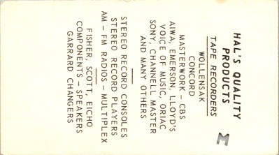 Hal's Record Shop Trenton NJ 1960s Bonus Club Card Punch Card Audio Hi Fi