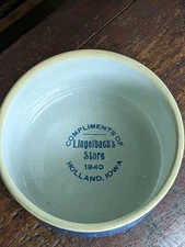 Blue Stoneware Advertising Bowl Crock Holland Iowa Lingelbach's Store 1940