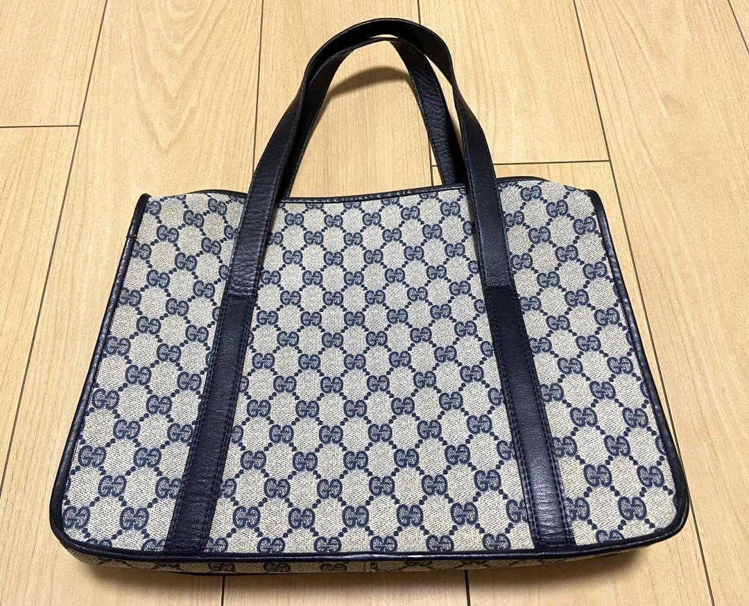 GUCCI Vintage GG Supreme Tote Blue Leather 1970s Rare Gold Triangle Plaque thumbnail 3