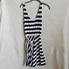 LOFT Navy White Striped Tank Dress Rope Tassel Tie Waist Size S Rayon Blend